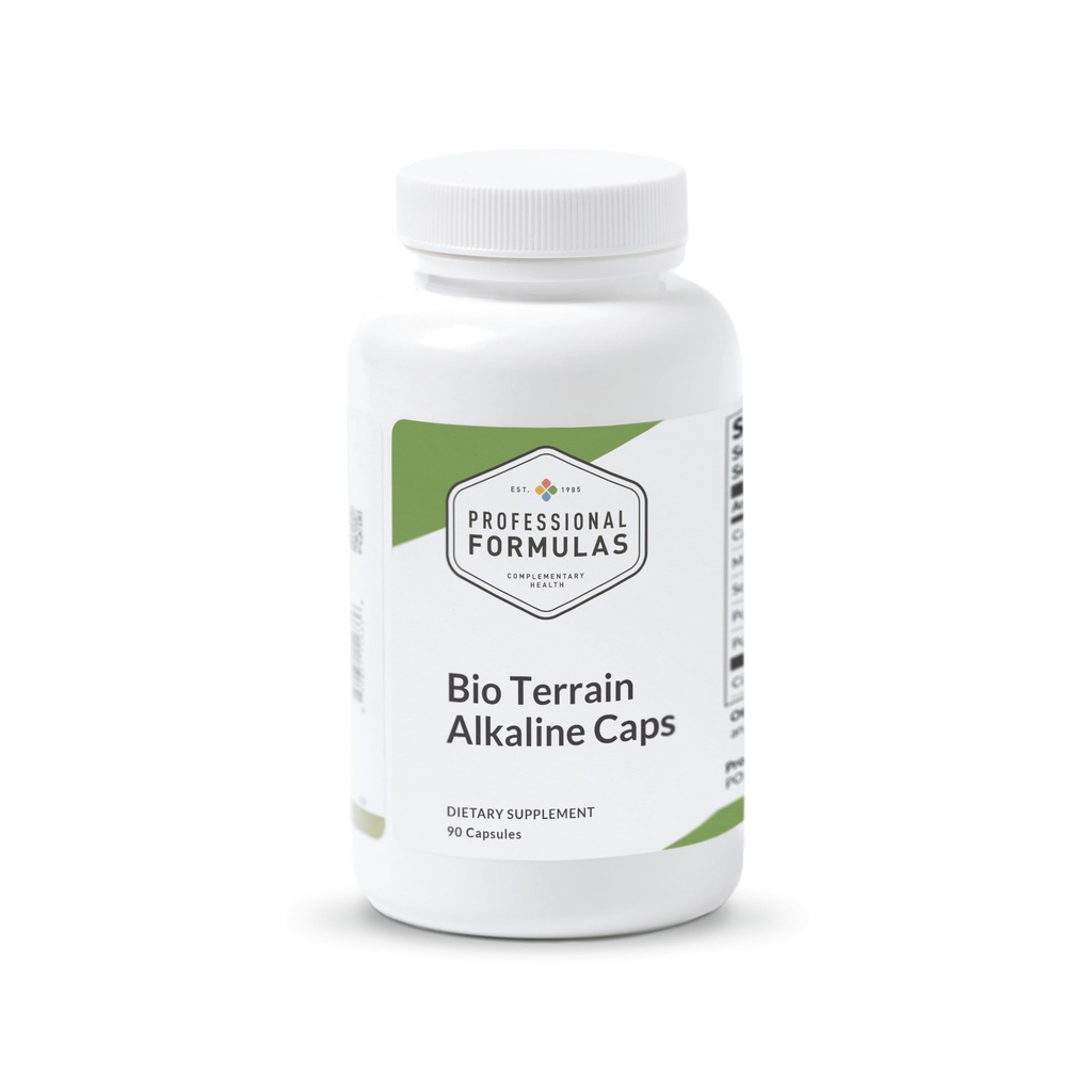 Fórmulas profesionales Bio Terrain Alkaline Caps – Apoya el equilibrio de pH, el reabastecimiento electrolítico " Alcalinidad celular – con calcio, magnesio, potasio " Ácido cítrico – 90 cápsulas