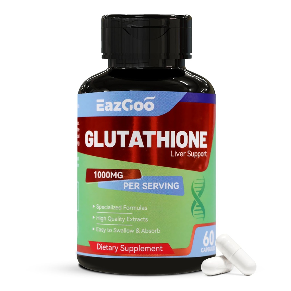 Glutathione Suplemento Antioxidante de 1000mg - Fórmula Vegana Premium para soporte inmunitario, brillo de la piel " Detox del hígado: libre de alérgenos, sin alérgenos, Boost de bienestar eficaz (60 cápsulas)