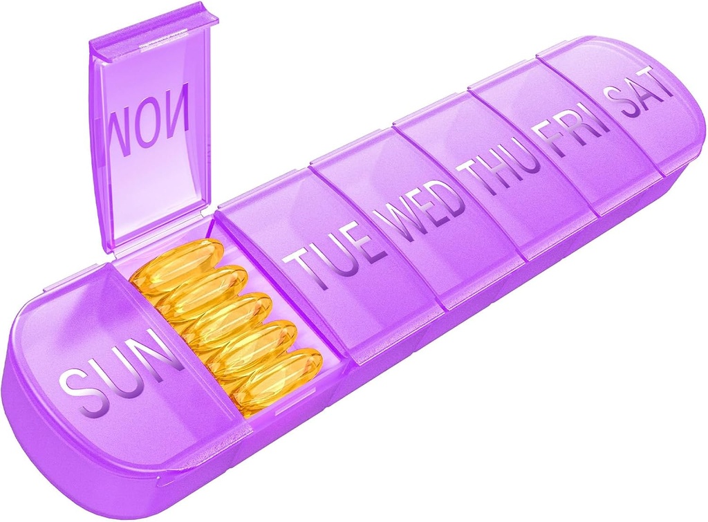 Organizador semanal de píldoras 1 vez al día, caja de carga de viaje 7 días Compartimientos extra grandes de vitaminas, contenedor diario de píldoras 7 días dispensador de medicina XL para caso de aceite de pescado (Purple)