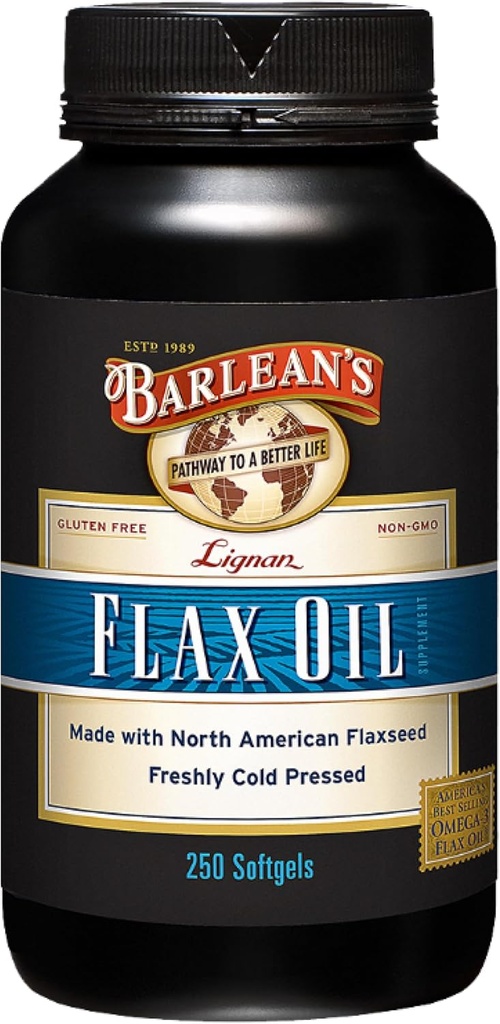 Suplemento de semilla de Flaxseed Lignan de Barlean con 1,550 mg ALA Omega-3 ácidos grasos para la salud conjunta del corazón, 1000 mg, 250 ct