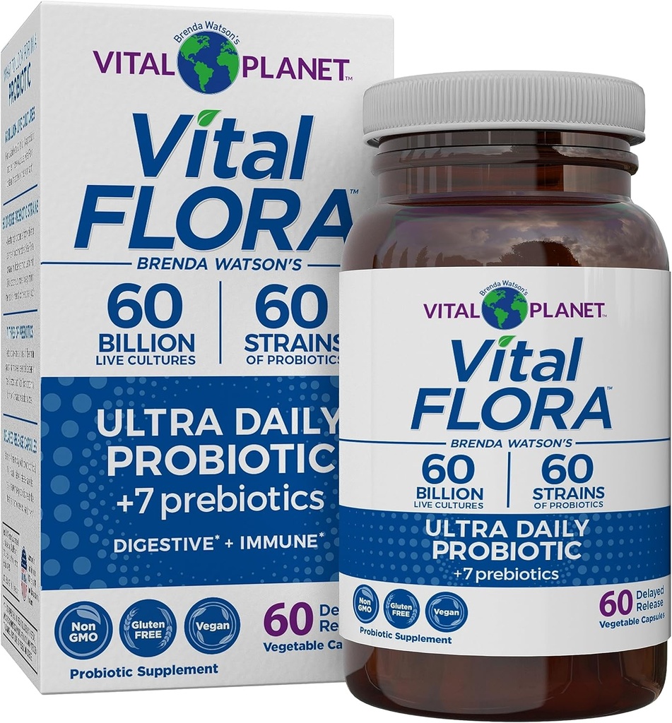 Planeta Vital - Vital Flora Ultra Daily Probiotic 60 Billion CFU, Strains Diverse, Prebióticos Orgánicos, Apoyo Inmunitario, Alivio de Bloating, Probióticos de Salud Digestiva para Mujeres y Hombres 60 cápsulas