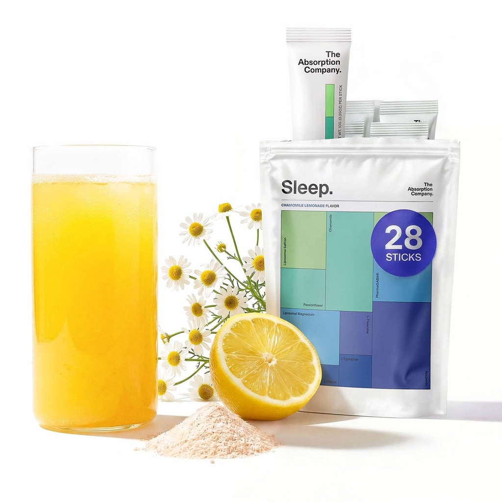 Ayuda al sueño Polvo - Bebida calmante para el sueño profundo con Safrón Liposomal, Magnesium & PharmaGABA Suplemento natural libre de melatonina para reducir el estrés y mejorar la calidad del sueño Chamomile Lemonade 28 Sticks