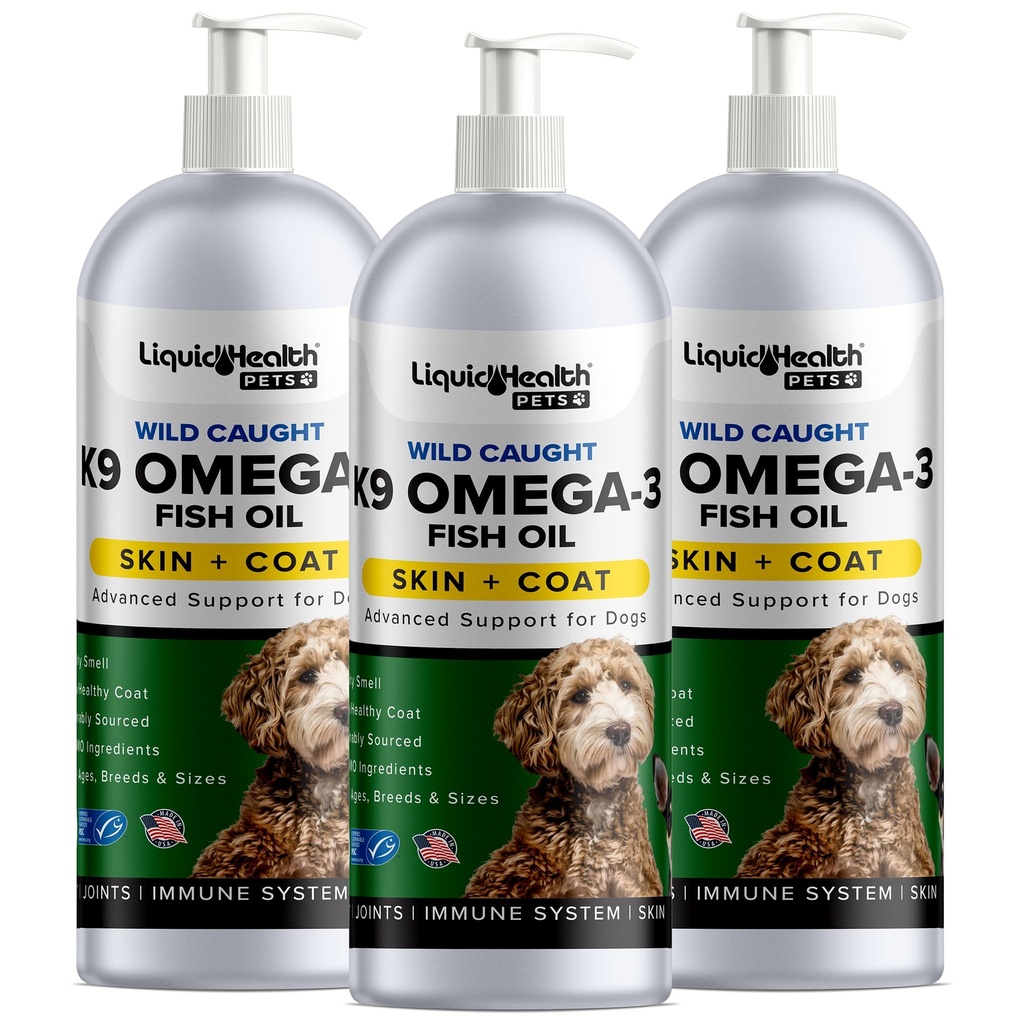 Salud líquida Mascotas K9 Omega 3 Aceite de pescado para perros - Omega líquida 3 Suplemento para mascotas con EPA + DPA + DHA - Reducir el picor, Juntas de soporte, Inmunidad, Cerebro, Salud cardíaca - USA Hecho (3 Pack)