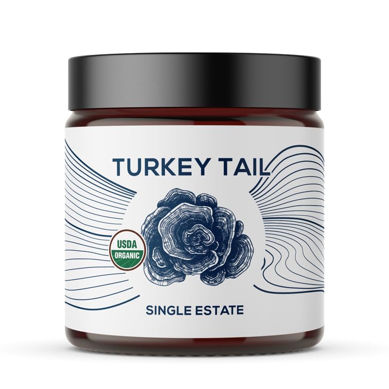 Orgánica Turquía Tail Mushroom Powder, Single Estate, Non-GMO - Gut, Energy, Brain, &amp; Immune Support - Vegan Mushroom Supplement in a Resealable Glass Jar