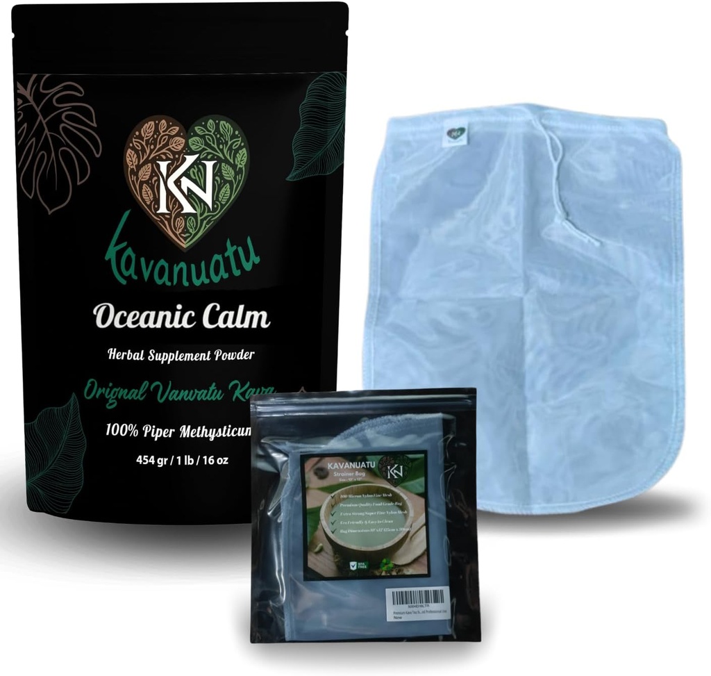 Kava Powder y Strainer Bundle _ Premium Vanuatu Kava Root Powder (16oz) for Calmness & Relaxation with 100 Micron Fine Mesh Strainer Bag for Smooth Kava Preparation