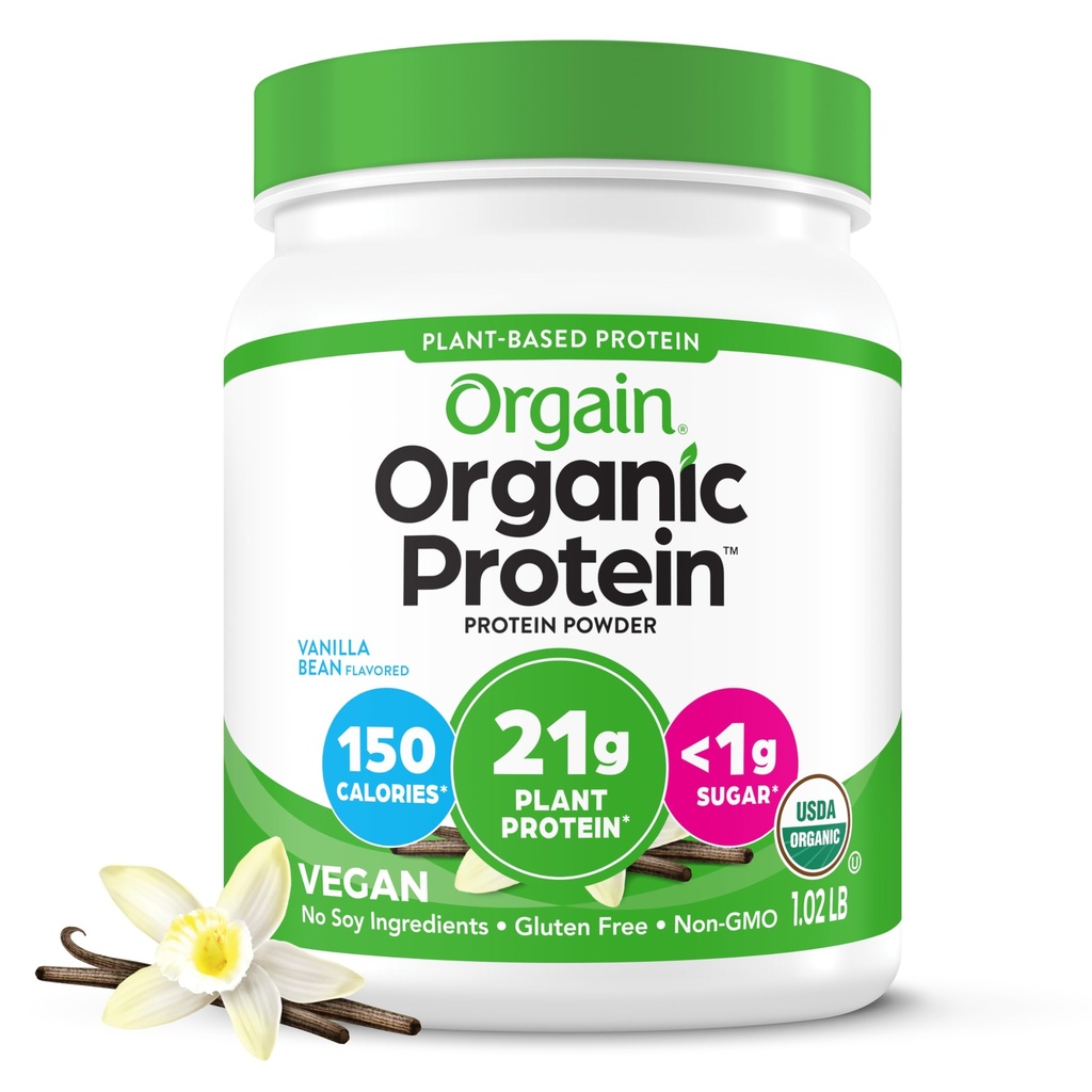 Orgain Orgain Orgain Pólvora de proteínas veganas orgánicas, grano de vainilla - 21g Proteína con base vegetal, fibra prebiótica 4g, sin ingredientes de lactosa, sin azúcar añadido, no transgénico, para sacudidas " smoothies, 1,02 lb (paquete mayo Vary)
