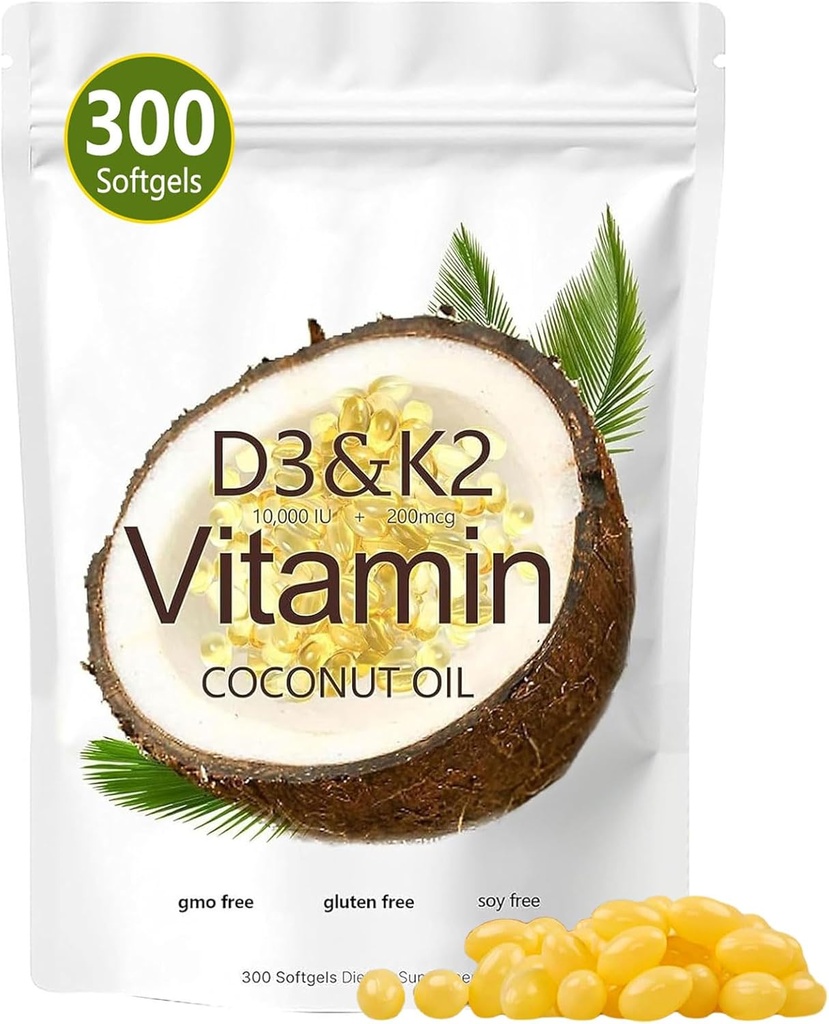 Vitamina D3 K2 Softgel, D3 K2 Vitamina 10000 UI, 10000 UI VIT D3 + 200 MCG Vitamina K2, libre de GMO, Gluten, Soy, Bone Health, apoya la absorción de calcio, 300 Gels