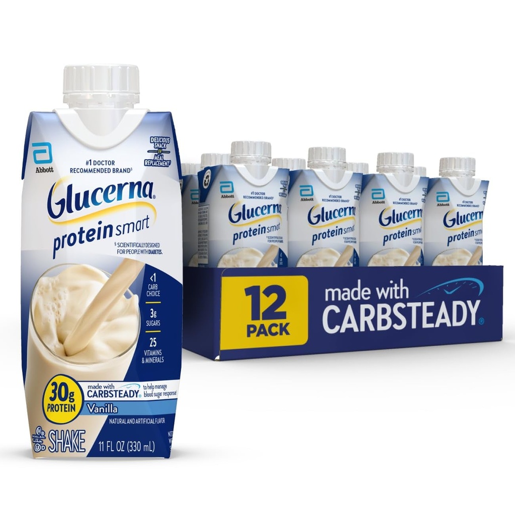 Glucerna Protein Smart Diabetes Care Shake, Vanilla, Diabetic Meal Replacement to Support Blood Sugar Management, 30g Protein, 150 Calories, Listo para beber, 11-fl-oz Bottle, 12 Pack