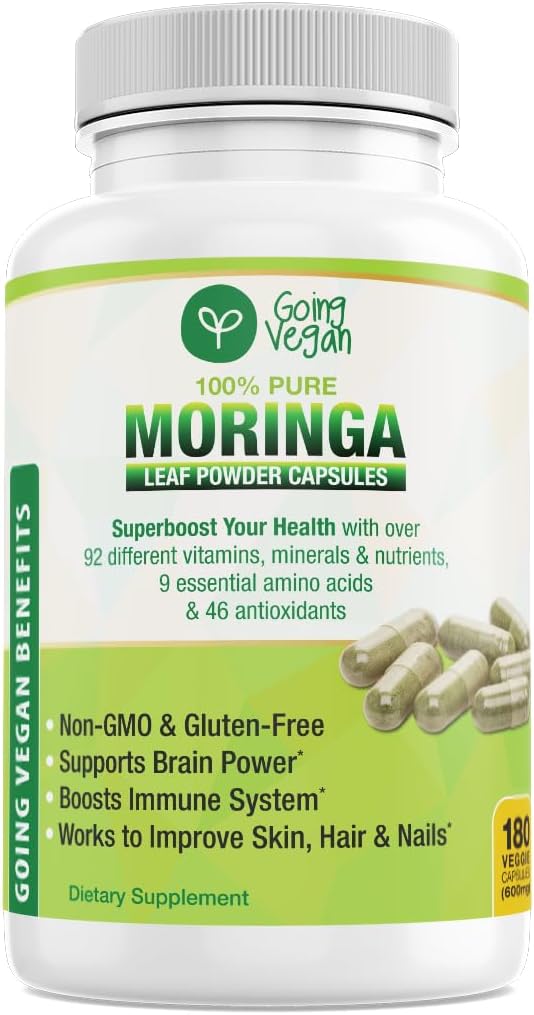 Moringa Capsules, 180 Píldoras de hoja de Oleifera Pura Vegan, 1200 mg por servidumbre, no transgénicos y suplemento libre de gluten, 3 meses de suministro, soporte de sistema inmunitario, metabolismo y booster energético