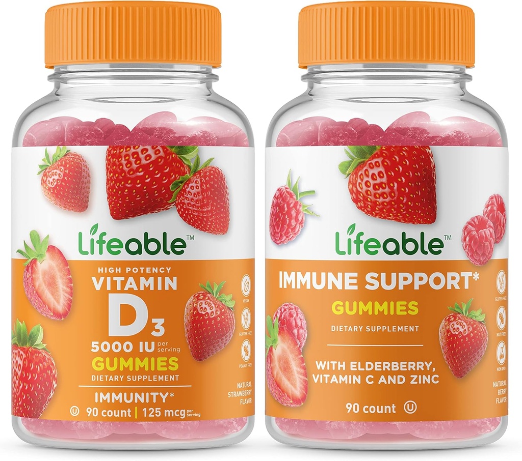 Lifeable Vitamin D 5000 IU + Immune Support, Gummies Bundle - Great Tasting, Vitamin Supplement, Gluten Free, GMO Gratis, Chewable Gummy
