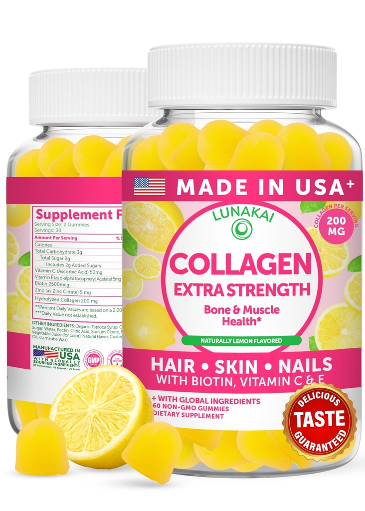 Lunakai EE.UU. Hecho Colagen Peptides Gummies - 200 mg Fórmula anti-género con Biotina, Zinc, Vitaminas C &amp; E para el cabello, la piel y las uñas, 60ct