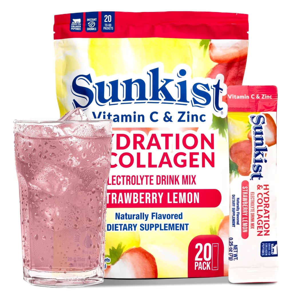 The Frozen Bebida Sunkist Sunkist Collagen Mix - Hydration Strawberry Lemon Electrolyte Drink for Women with Vitamin C, Zinc, Collagen Peptides, Naturally Flavored - 20 Pack