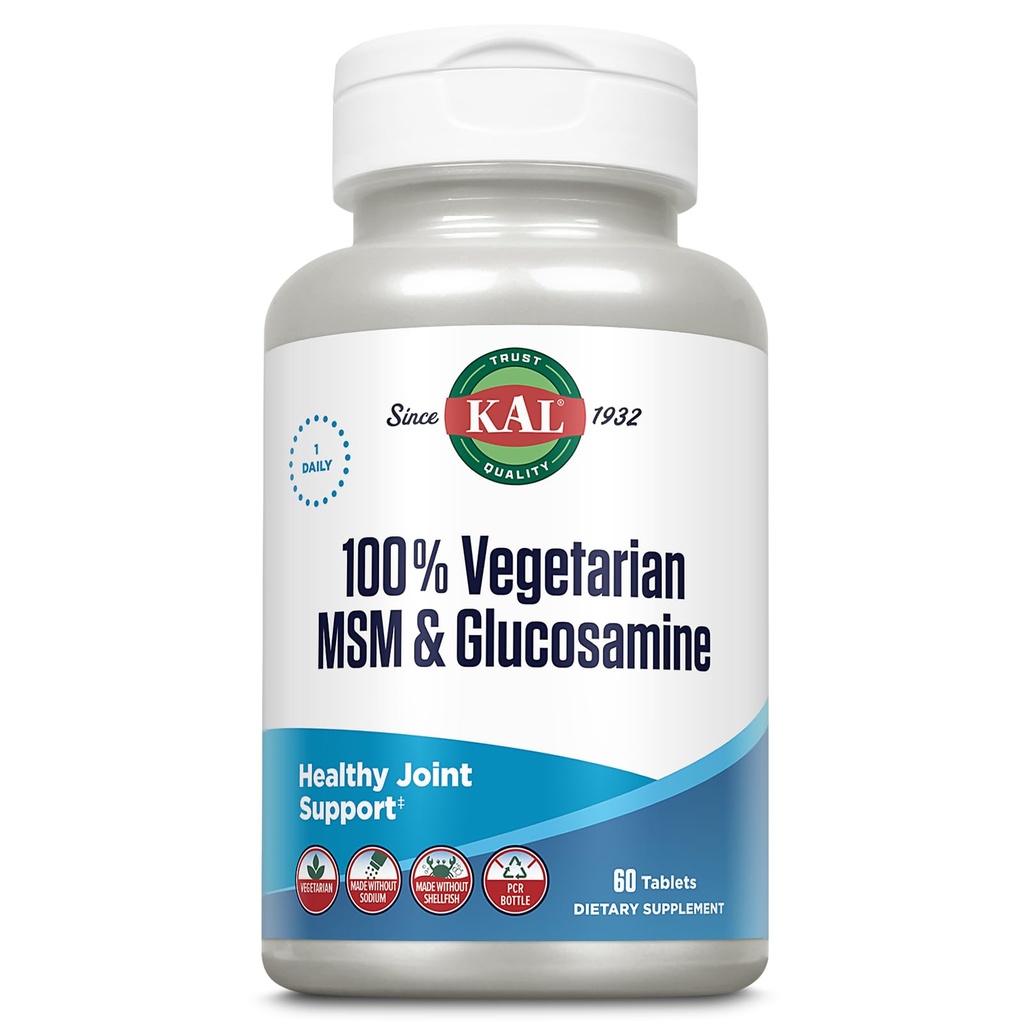 KAL 100% Vegetariano MSM & Glucosamine - Soporte Conjunto Saludable - Glucosamina Vegan y MSM Suplemento - Made Without Shellfish - Lab Verified - 60-Day Guarantee - 60 Servings, 60 Tablets