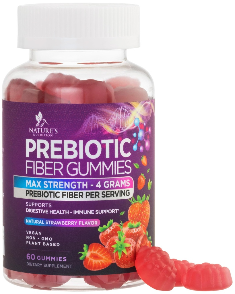 Gummies de fibra para adultos, Suplemento diario 4g de fibra de goma, Prebiótico Gummy Apoyo a la salud digestiva - Mandíbulas de fibra con base vegetal, prebióticos soporta la regularidad y la digestión No GMO - 60 Gummies