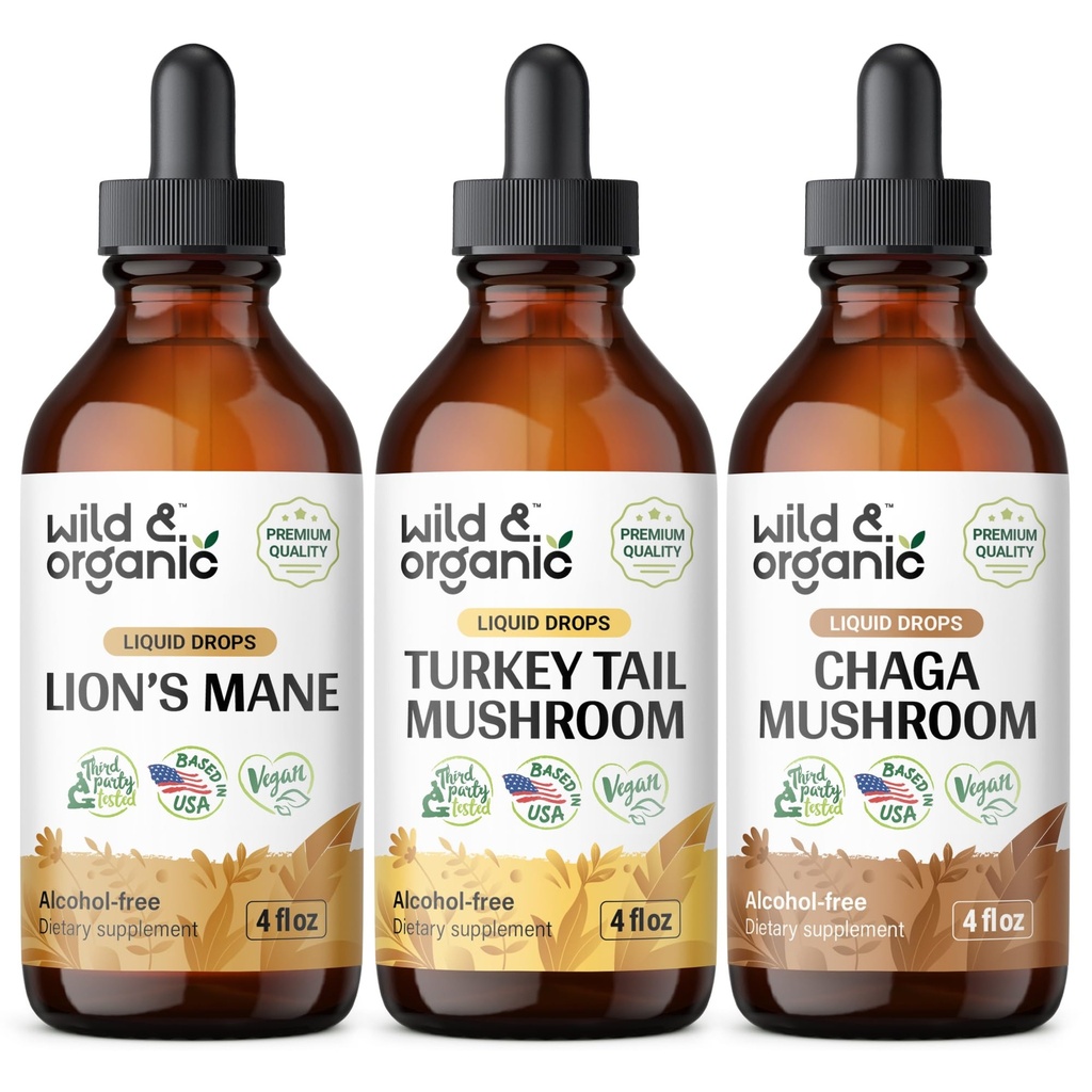 Mane de león orgánico salvaje, Turquía Tail &amp; Chaga Mushroom Tinctures