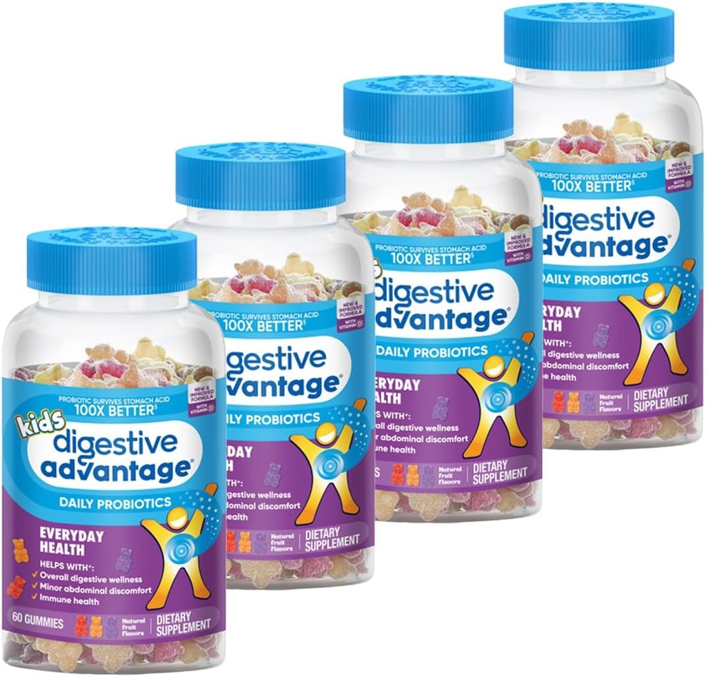 Beneficios Digestivos Niños Sabores de Frutas Naturales Gummies Probióticos para Niños Bloating Ocasional, Menor Descomfort Abdominal & Gut Health, 60 Conteo Gummies (4 Pack)