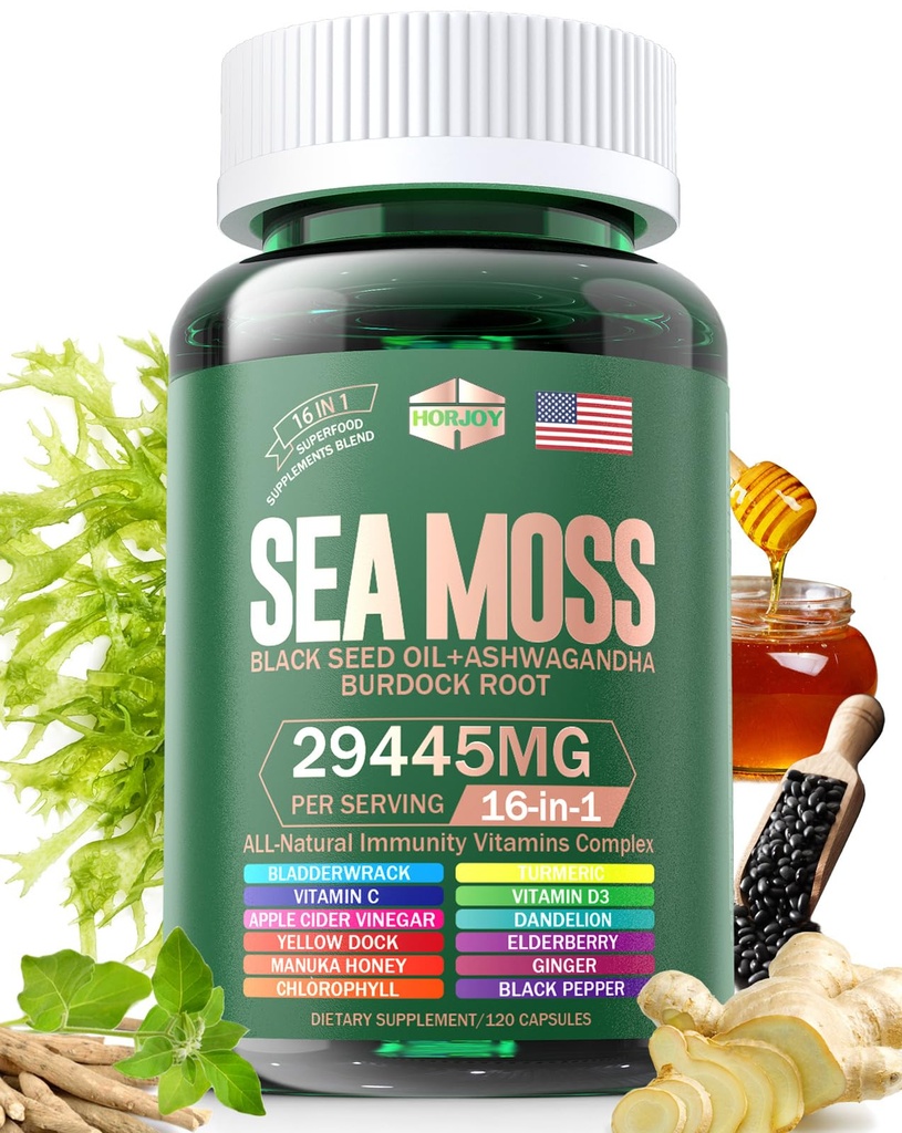 Sea Moss 12000mg Black Seed Oil 6000mg Ashwagandha 3000mg Turmeric 1000mg Bladderwrack 2000mg Burdock 3000mg &amp; Vitamin C &amp; D3 con Elderberry Manuka Dandelion Yellow Dock Iodine Chlorophyll ACV