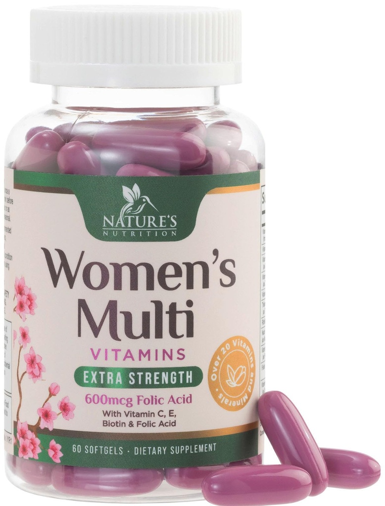 Multivitamínico para Mujeres con Calcio, Ácido Fólico, Vitamina A, C, D, E, " Vitaminas B, Zinc, Hierro para el Hueso, Esquí " Apoyo a la Salud, Multivitaminas para la Energía de las Mujeres Diarios de la Naturaleza - 60 Softgels