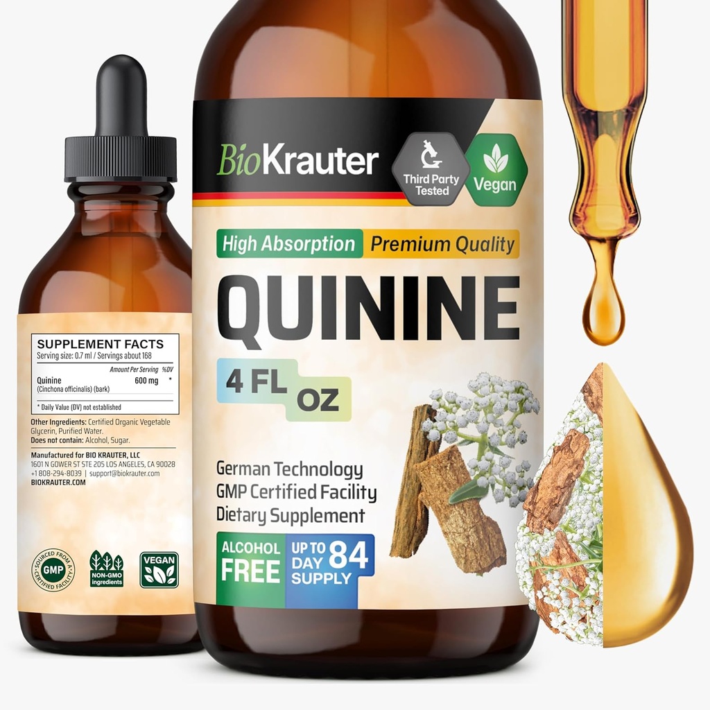 BIO KRAUTER Quinine for Leg Cramps Tincture - Cinchona Bark Extract - Vegan Quinine Liquid - Alcohol &amp; Sugar Free Extract 4 Fl.Oz.