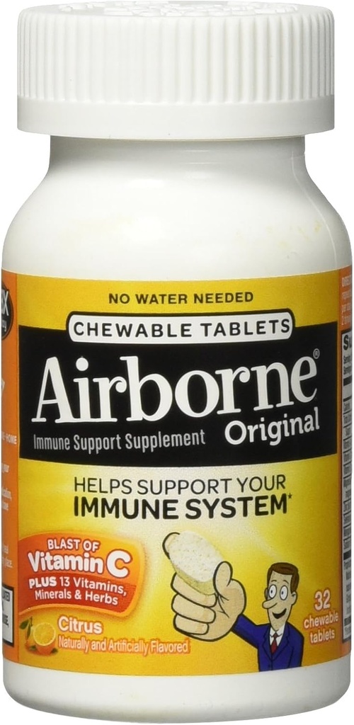 Airborne Citrus Chewable Tablets, 32 cuentan - 1000 mg de vitamina C - Suplemento de Apoyo Inmunitario (Paquete mayo Vary)