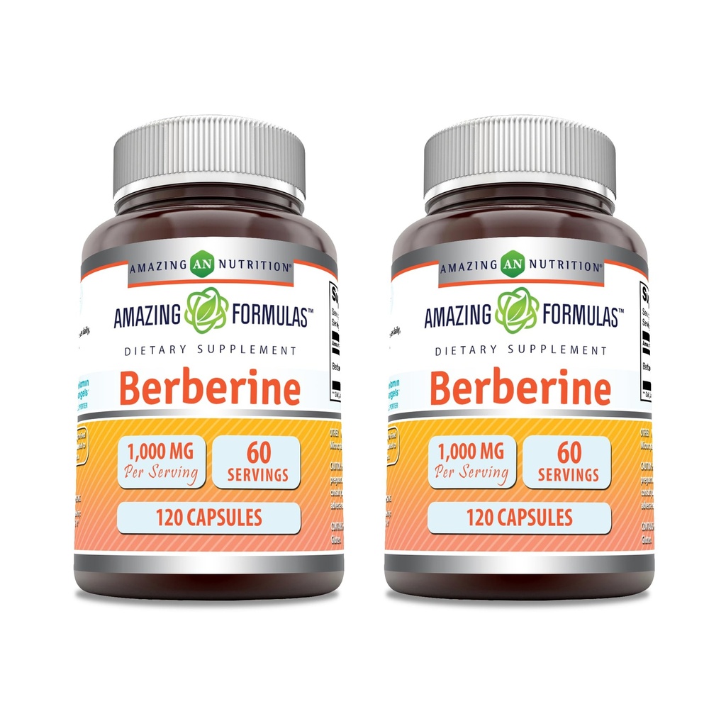 Amazing Fórmulas Berberine 1000mg Por Serving Capsules Suplemento Silencio No GMO Silencio Gluten Libre Silencio Made in USA (120 Silencio 2 Pack)