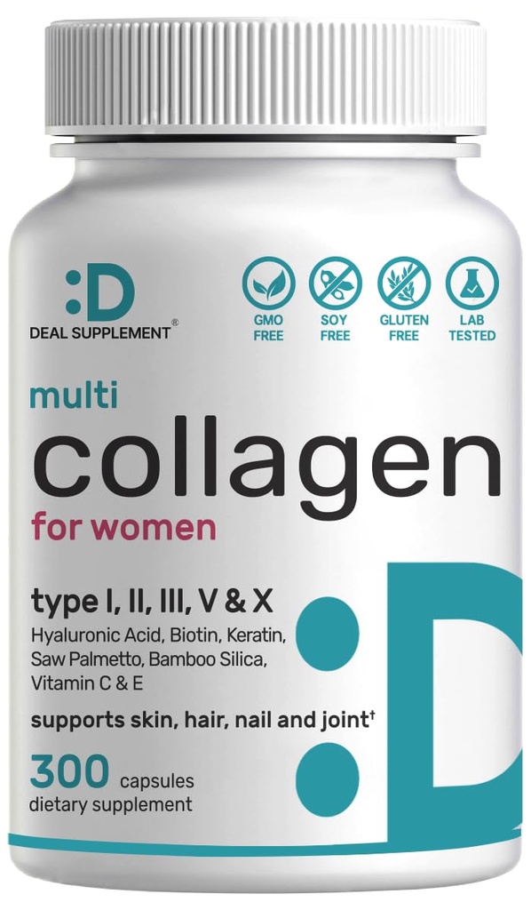 Píldoras multi colágeno con vitamina C, E " Biotina, 300 cápsulas – Péptidos de colágeno hidrolizado – 11 en 1 Fórmula con Saw Palmetto, Bamboo Silica, " Ácido hialurónico: pelo, piel, uñas, " salud conjunta