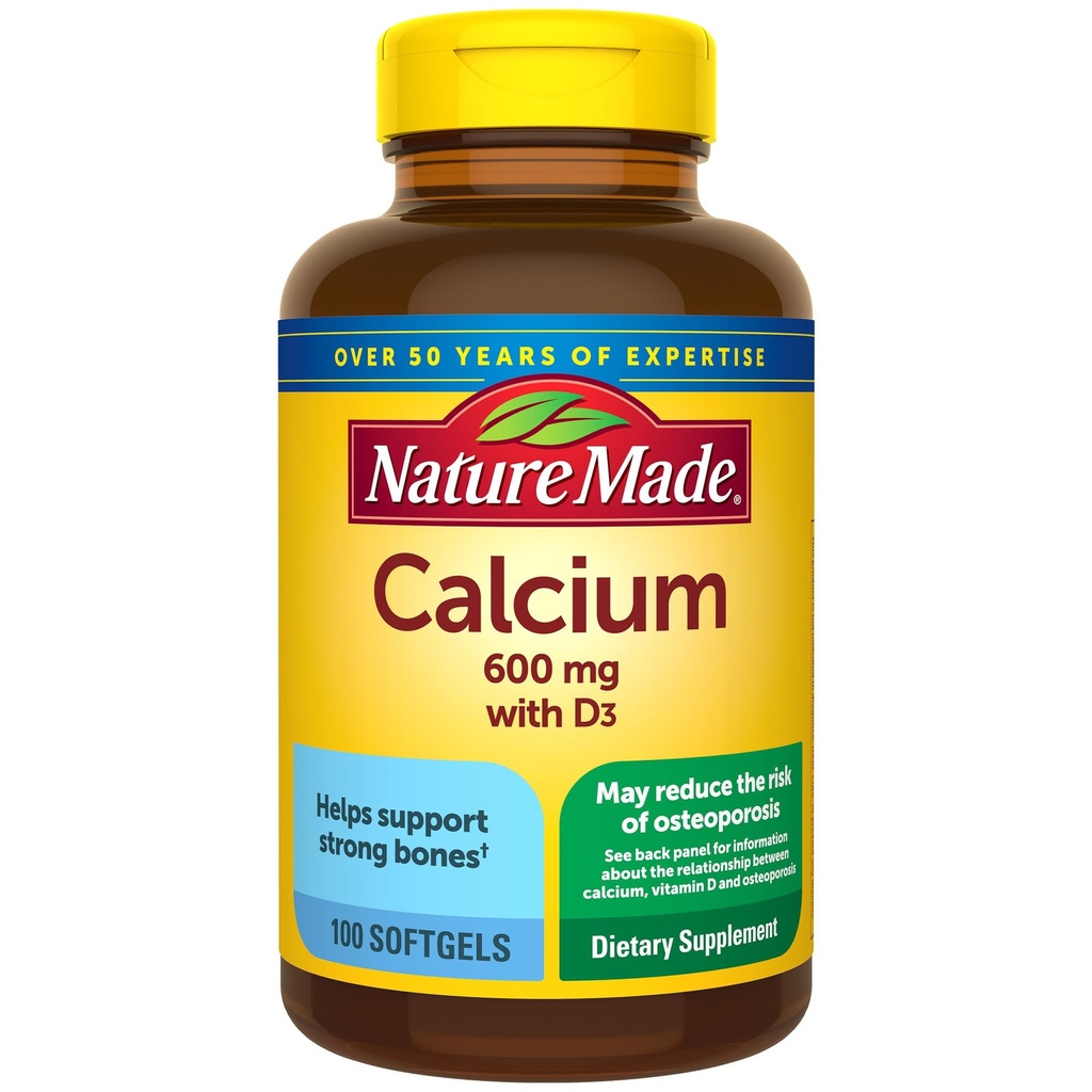 Nature Made Calcio 600 mg con vitamina D3, Suplemento dietético para el soporte de huesos, 100 Softgels