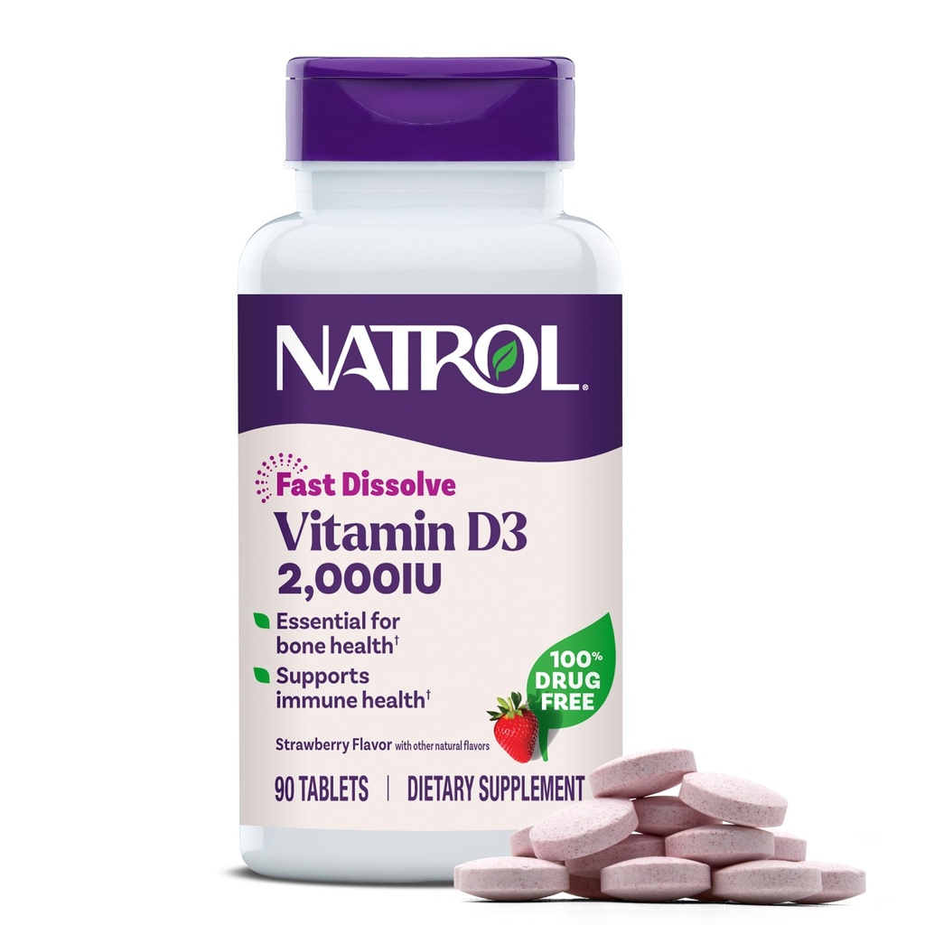 Natrol Fast Dissolve Vitamina D3 2,000 UI, Suplemento dietético para el Hueso y la Salud Conjunta, Suplemento de Apoyo al Hueso, 90 Tabletas, 90 Day Supply