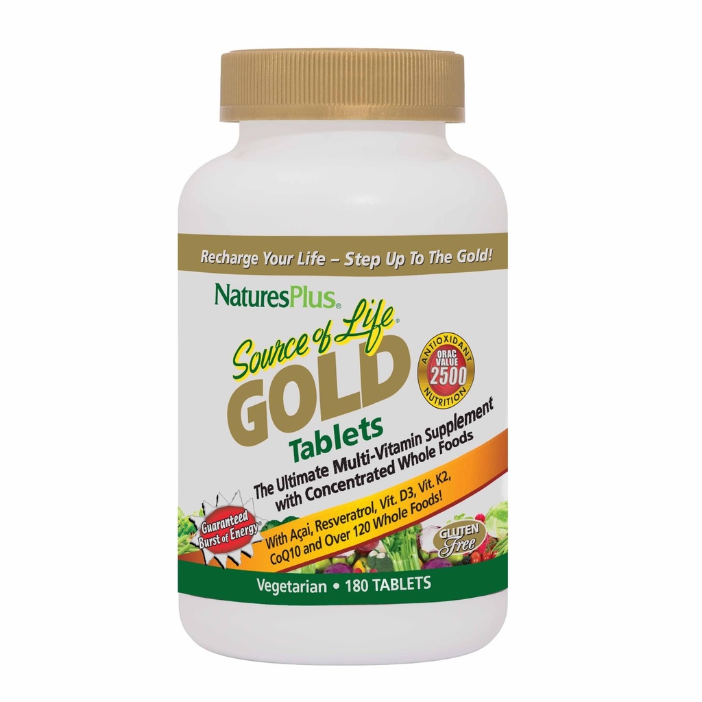 Natures Plus Source of Life Gold Multivitamin - 180 Tablets - Blood Support, Bone Support, Healthy Immune System - Incluye vitaminas D3, B12, K2 &amp; Over 120 Whole Food Nutrients - 60 Servings