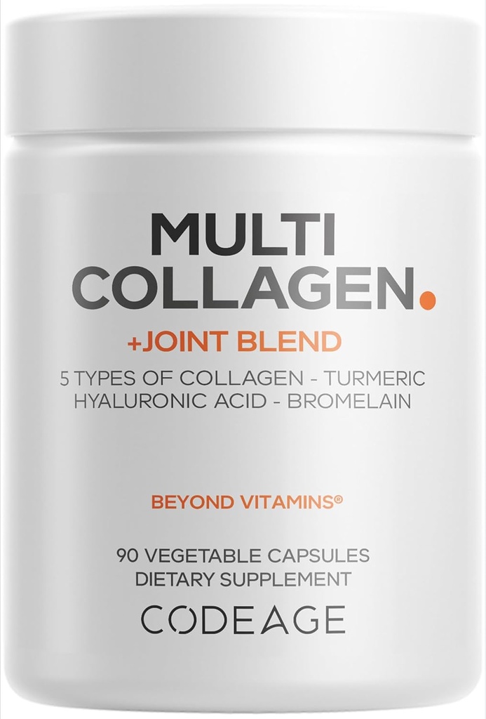 Codeage Multi Collagen Protein + Joint Blend Supplement, Hyaluronic Acid, Bromelain, Turmeric, Ginger, Boswellia, Astaxanthin - Hydrolyzed Bovine Collagen - 5 Collagen Types - Non-GMO - 90 cápsulas