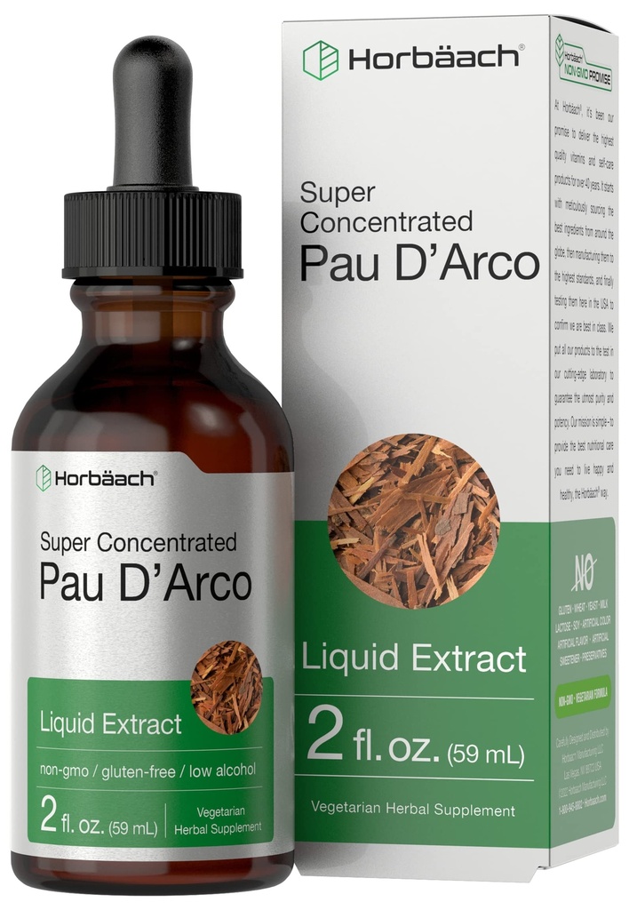 Horbaach PAU D Arco Bark Tincture TENIDO 2 fl oz TENIDO Tabebuia Avellanedae Herb Extract ANTE Bajo Liquid Alcohol Drops ANTE Vegetariano, No GMO &amp; Gluten Free Herbal Supplement