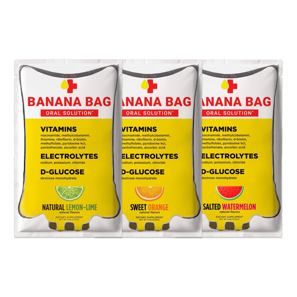 Bolso de plátano Solución Oral Packets – Vaiety Pack 6pk ← Un refreshing Blend de electrolitos, vitamina C y B-Complex ← Ha sido diseñado para la hidratación y un Boost diario en cualquier momento, en casa, trabajo o en el go