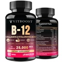 B12 con ácido hialurónico, colágeno y folato – 25000 mcg Complejo B12 ← Maximizar Absorción " Energética ANTE Gluten Free USA Made, B1, B2, B3, B6, B7, B12 Vitaminas 5000 mcg Methylcobalamin - 60 cápsulas