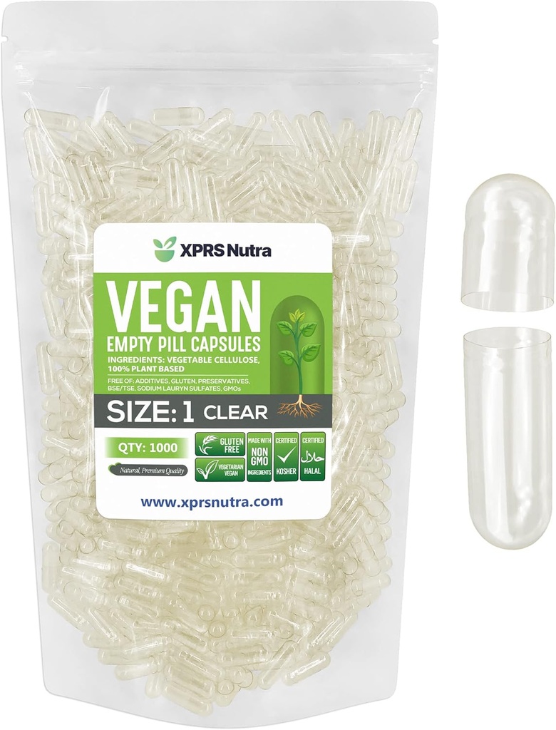XPRS Nutra Size 1 Empty Capsules - 1000 Count Clear Empty Vegan Capsules - Vegetarian Pills - DIY Vegetal Capsule Filling- Veggie Pill Caps for Do-It-youself Suplementos