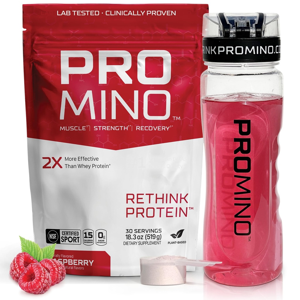 Promino® Essential Amino Amino Acid Muscle Drink – 2X More Effective Than Whey – NSF certificado para el deporte – Sugar-Free Recovery Fuel – Raspberry, 30 Servings