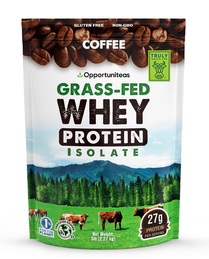 Opportuniteas Grass Café Whey Protein Isolate Powder - 27g Protein Powder Sin Sweeteners artificiales, 60 mg de cafeína, Vacas sin hormonas - 5lb