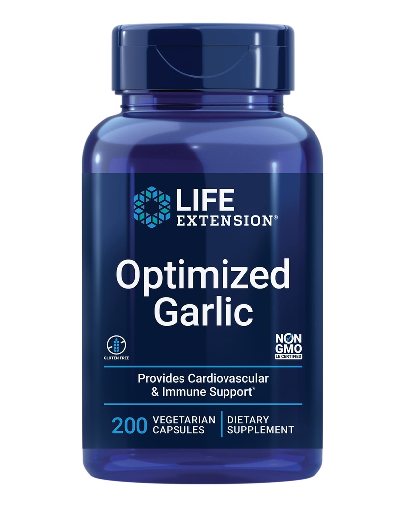 Extensión de la vida Ajo optimizado, cápsulas estandarizadas para la salud del corazón, soporte inmunológico, desintoxicación celular y función plaqueta sana, libre de gluten, no GMO, vegetariano, 200 cápsulas