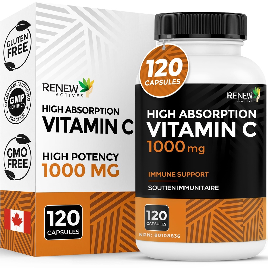 ACTIVES RENEW Maximum Strength Vitamin C 1000MG per Serving – Antioxidant &amp; Immune Booster for General Health, Bones, Teeth & Gums – Non-GMO, Sugar-Free, 4-Month Supply – Made in Canada – 120 Capsules