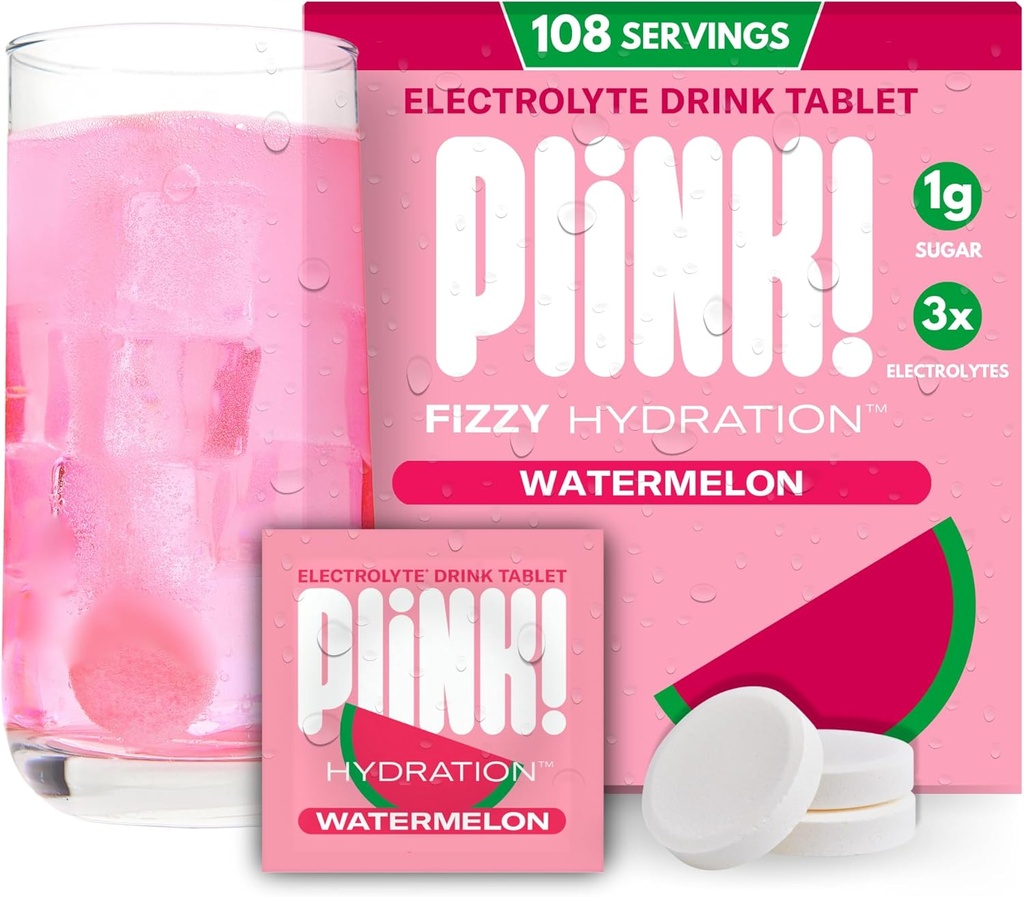 ¡Plink! Tablas de electrolito fizzy para adultos y niños – sandía, 108ct – Hidratación diaria con electrolitos – Bajo azúcar, vegano, Keto Friendly, No GMO
