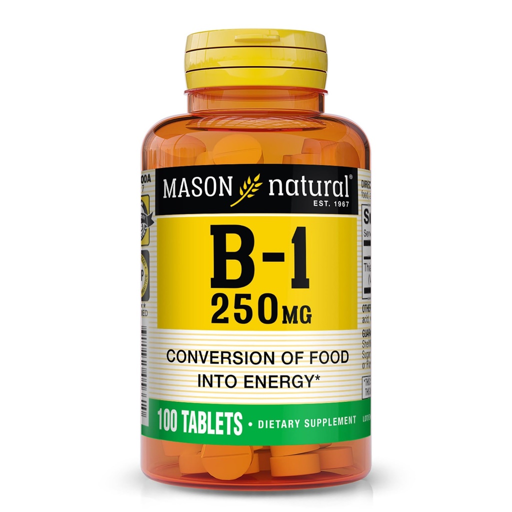 MASON NATURAL Vitamina B,1 Thiamine 250 mg, 100 Day Supply Dietary Supplement, Easy,to,Swallow Tablets, Support Energy Production &amp; Healthy Metabolism