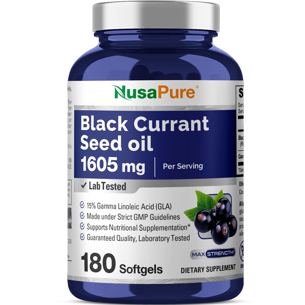 NusaPure Black Currant Seed Oil 1605 mg Gamma Linoleic Acid (GLA) 15% 180 Softgels (No-GMO, Soyfree)