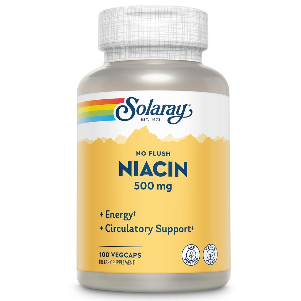 SOLARAY No Flush Niacin 500mg, Flush-Free Vitamina B3 Niacina, Energía y Sistema Circulatorio, Vegan, Lab Verified, 60-Day Garantía de Dinero-Back, 100 Servimientos, 100 VegCaps