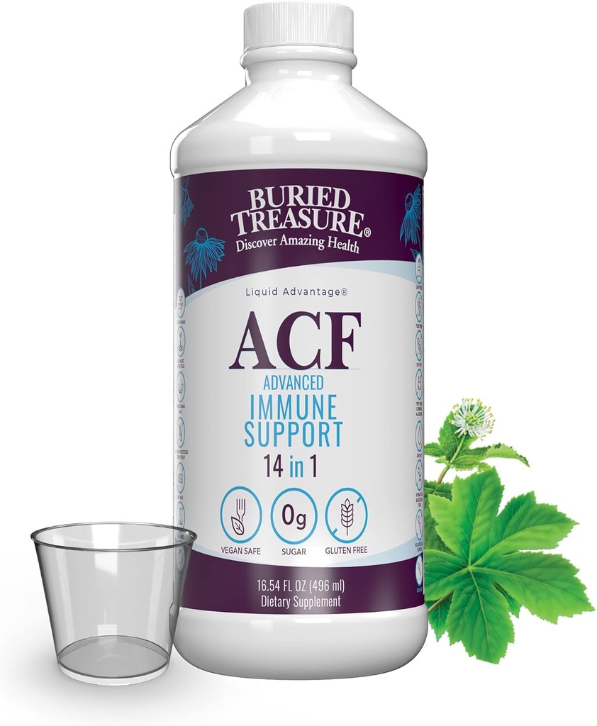 Tesoro Buried ACF Immune Support - 16 oz, 16 Servings, Vitamina C, Elderberry, Zinc, Liquid Immune Booster con Vitaminas y Minerales w / Copa de Dose