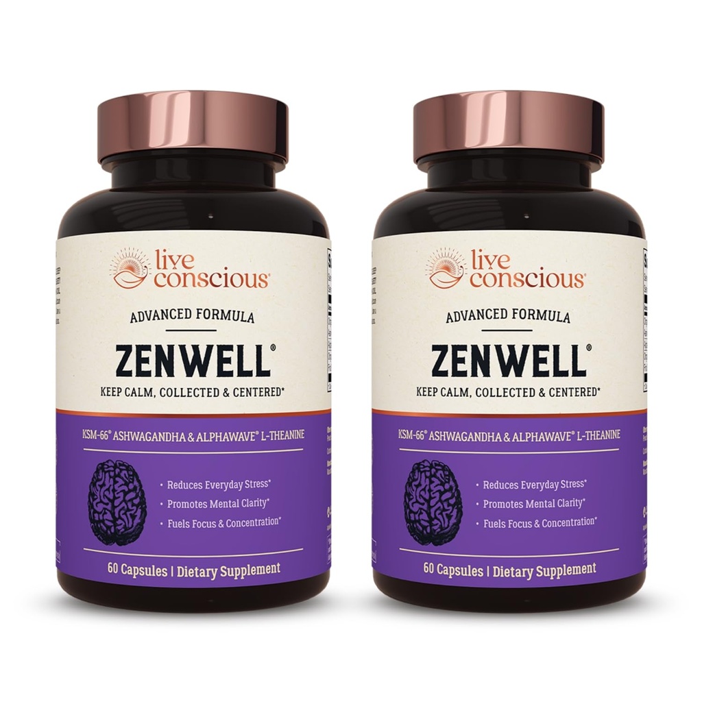 Live Conscious KSM-66 Ashwagandha Suplemento w/L Theanine & AlphaWave - ZenWell Todos los días Stress Relief, Cognitive, Brain Health - Ashwagandha for Men &amp; Women - 60 cápsulas (2-Pack)
