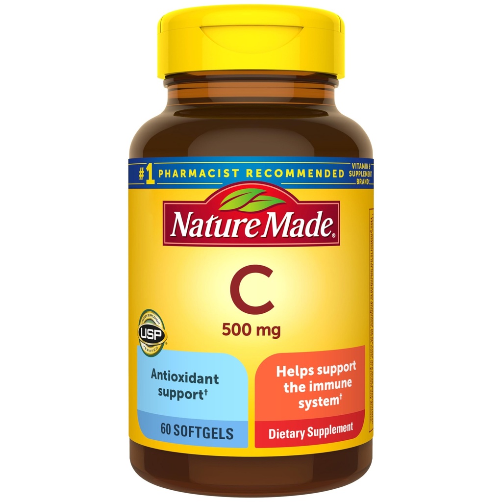 Nature Made Vitamina C 500 mg, Dietary Vitamina C Suplemento para Immune Support, 60 Softgels, 60 Day Supply