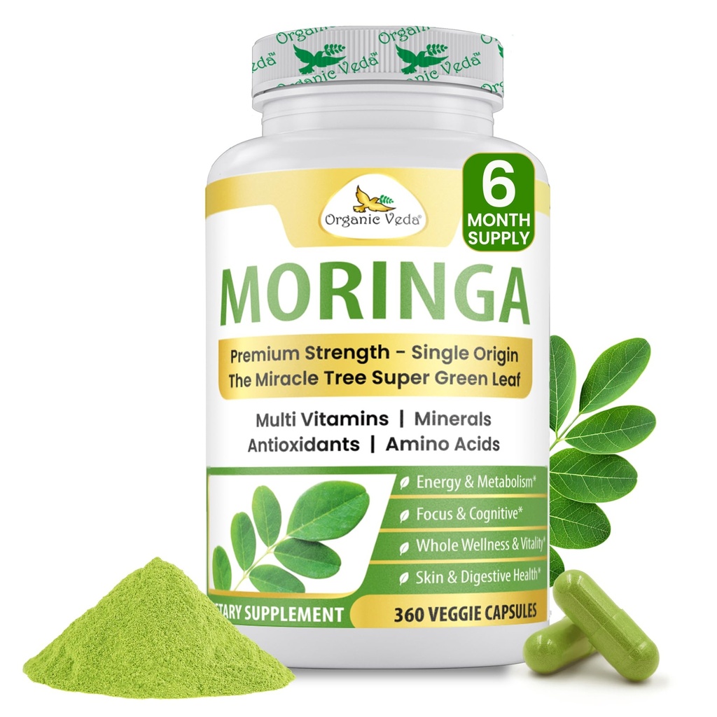 Organic Veda Moringa Leaf Powder Capsules, 1000mg, 360 Conde - True Green Native Organic Moringa Oleifera, Premium Strength Nutrient Dense 100% Pure Leaves - Energy, Sleep &amp; Immunity Support - Vegan