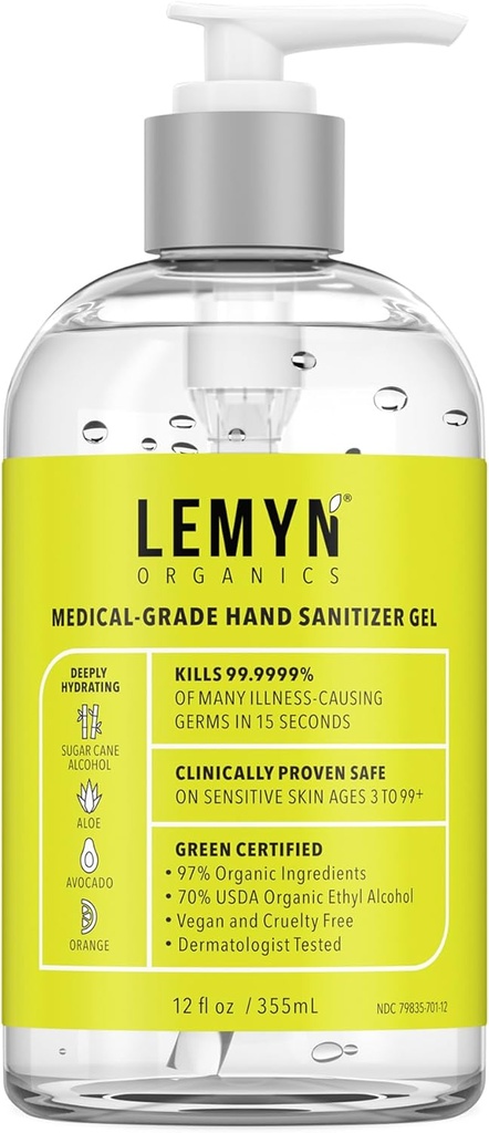 Medical‐Grade Hand Sanitizer Gel – 97 % Organic TENED 70 % USP Ethyl Alcohol tóxico Moisturizing Aloe + Hyaluronic Acid TEN Freshly Made in USA TEN 12oz Botella con bomba