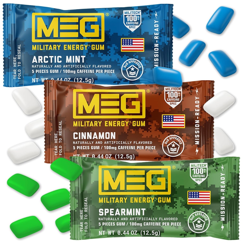 MEG Gum... Military Energy Gum ← 100mg de Caffeine Per Piece - 15 piezas Sample Pack - Energía y Focus to Boost Performace