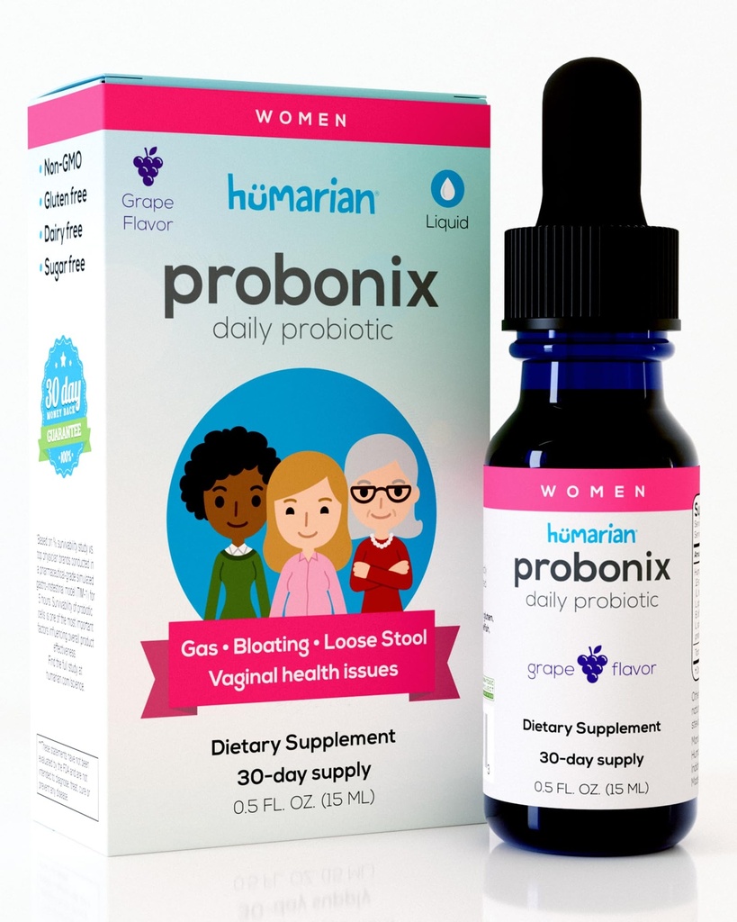 Probióticos líquidos Probonix Humarian para Mujeres - 12-Strain Probiotic Drops to Fortify Women’s Gut Health, Vaginal Health, Immunity and Global Wellness - 30-Day Supply - Delicious Grape Flavor