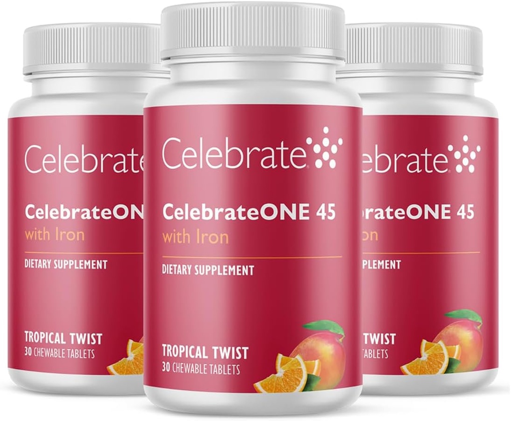 Celebrar Vitaminas Celebrar UNO 45 Chewables, 45 mg de hierro - Una vez Bariatric Multivitamínico, Vitaminas Esenciales & Minerales - Gastric Bypass &amp; Sleeve Gastrectomy Suplemento - Tropical (90 Tabletas)